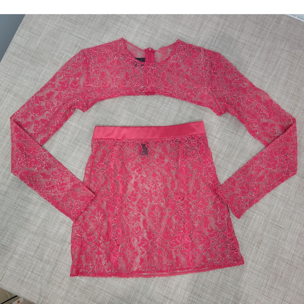 MESHKI Pink Metallic Lace Shrug‎ and Garter Mini Skirt Set Womens Size 6 AU